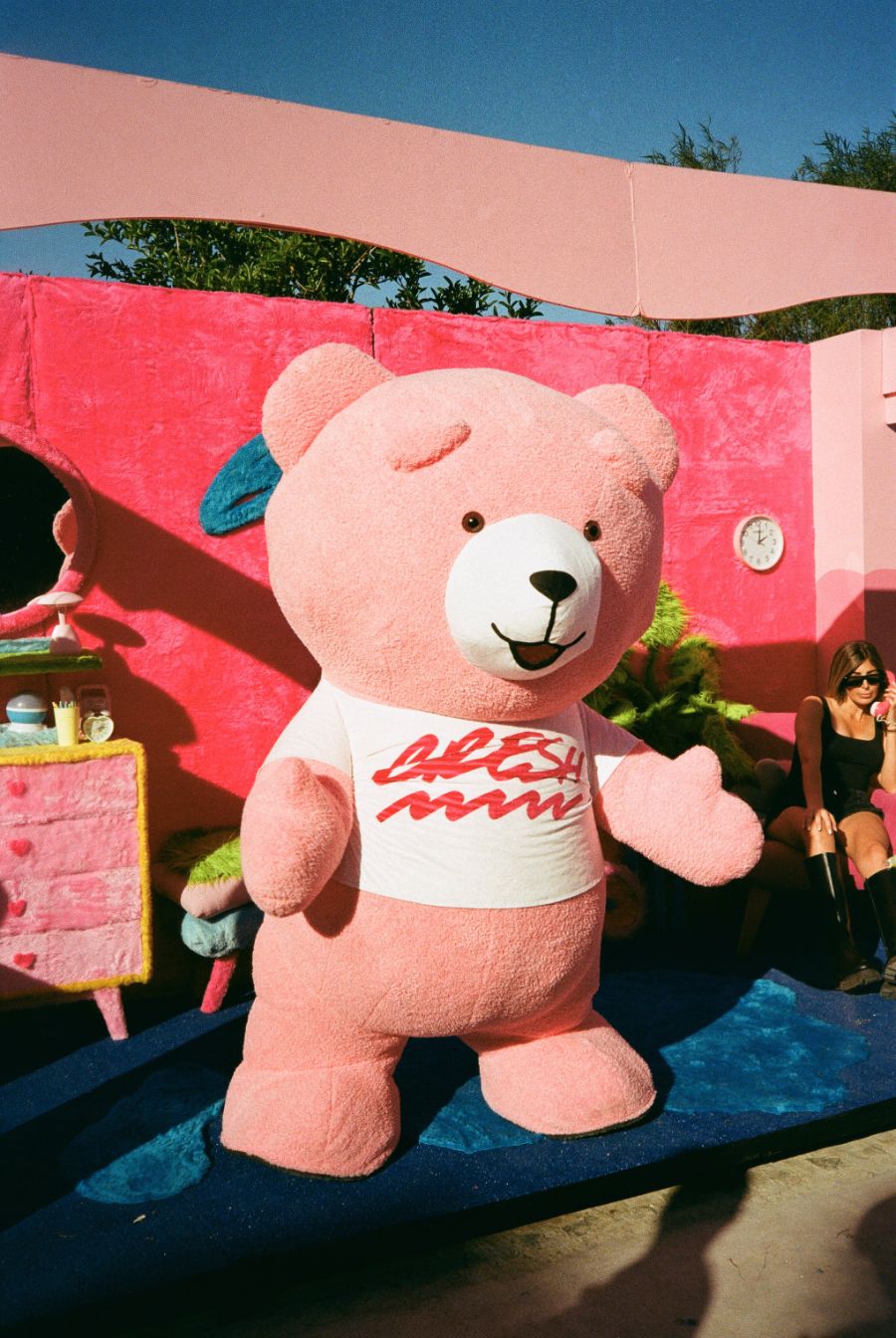Primer plano del oso rosa de Bresh con su camiseta en el decorado de casa de juguete.