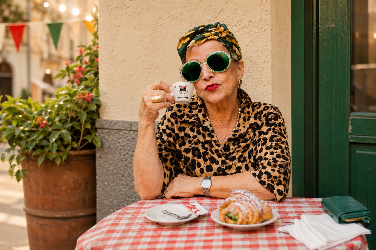 La Nonna de Little Italy Gastro Fest tomando café en la terraza italiana de Torremolinos — la anfitriona que da la bienvenida en el festival gastronómico de Plaza Paraíso 2026