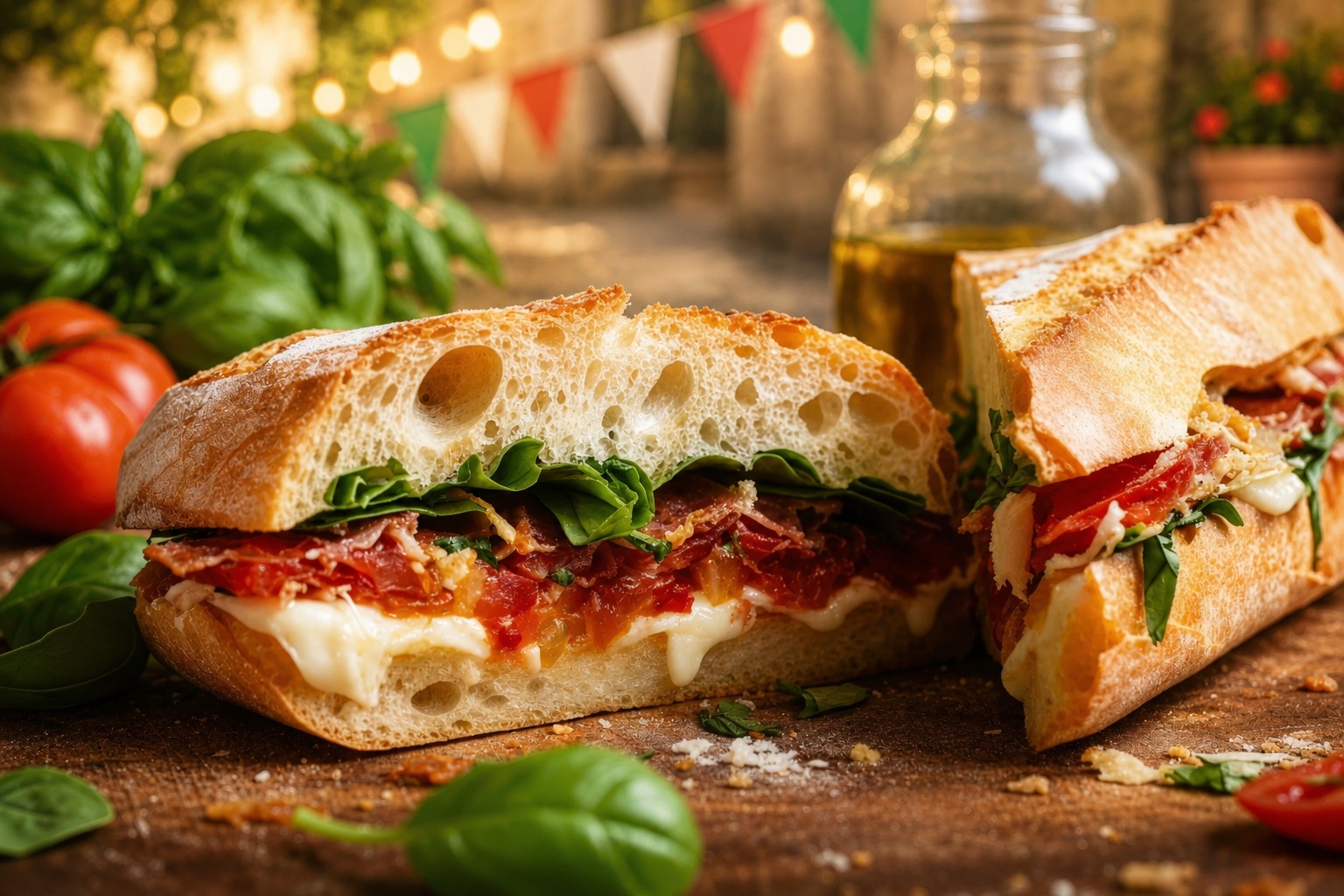 Panino italiano artesanal con jamón y rúcula en Little Italy Gastro Fest, gastronomía italiana Torremolinos
