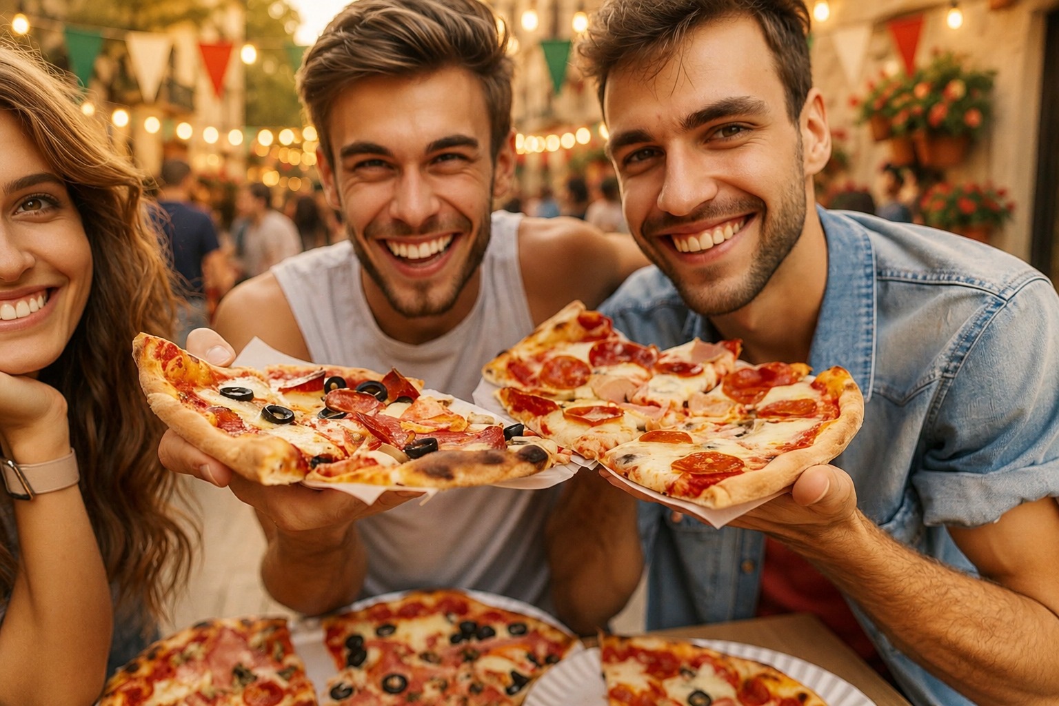 Amigos disfrutando pizza italiana en festival gastronómico Little Italy Torremolinos 2026