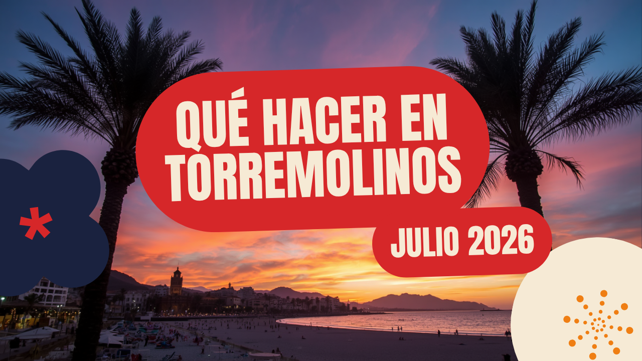 Qué hacer en Torremolinos en julio 2026: atardecer sobre la playa de Torremolinos con palmeras, Feria del Carmen, playas y Plaza Paraíso