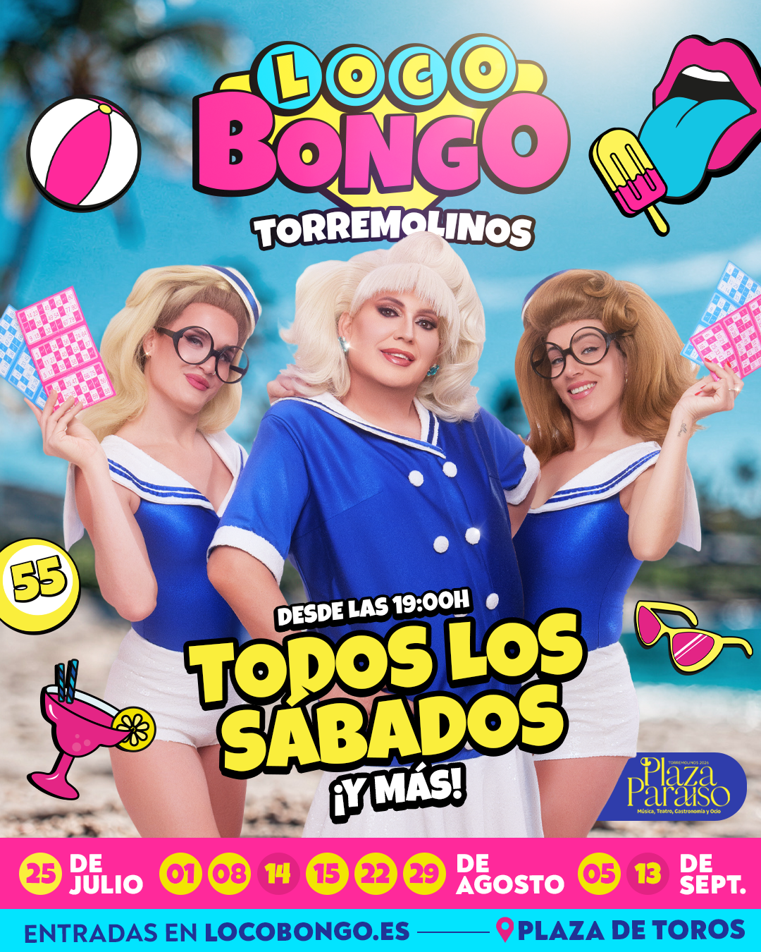 Official Loco Bongo Torremolinos 2026 poster — Every Saturday from 19:00 at Plaza Paraíso